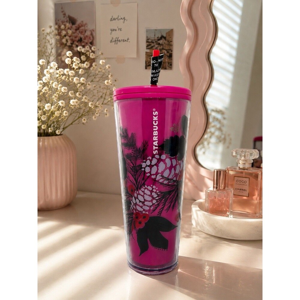 Starbucks Color Changing Pink Holiday Tumbler Floral Pinecone Cold Cup 24oz